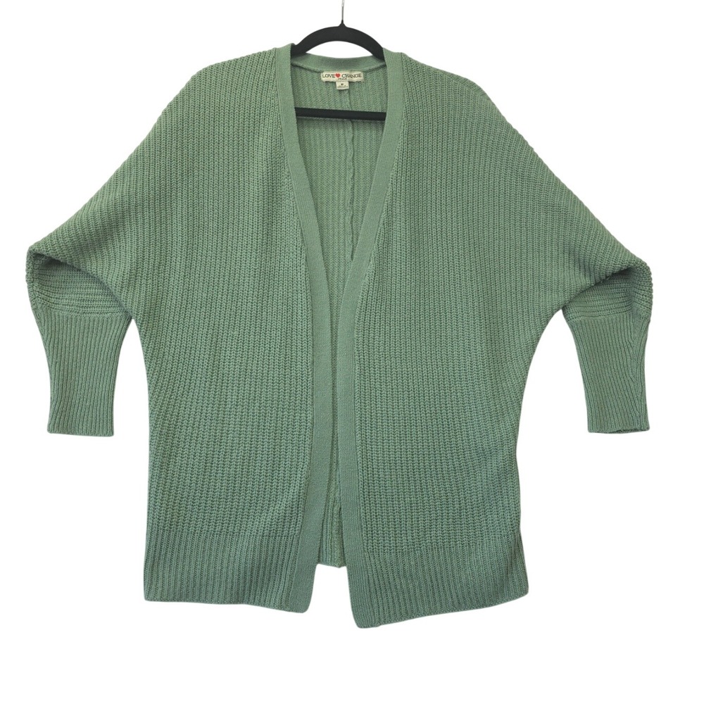 Love Change Italy Sage Green Batwing Open Front Shaker Knit Cardigan Sweater M